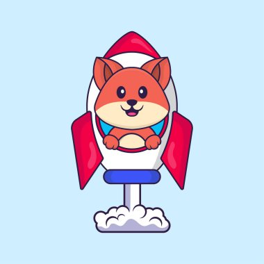 Roketin üstünde uçan şirin tilki. Hayvan çizgi film kavramı izole edildi. Tişört, tebrik kartı, davetiye kartı ya da maskot olarak kullanılabilir..