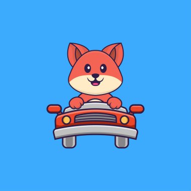 Şirin tilki sürüyor. Hayvan çizgi film kavramı izole edildi. Tişört, tebrik kartı, davetiye kartı ya da maskot olarak kullanılabilir..