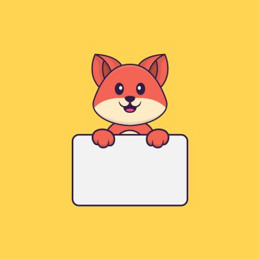 Beyaz tahta tutan şirin tilki. Hayvan çizgi film kavramı izole edildi. Tişört, tebrik kartı, davetiye kartı ya da maskot olarak kullanılabilir..