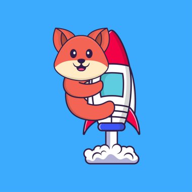 Roketin üstünde uçan şirin tilki. Hayvan çizgi film kavramı izole edildi. Tişört, tebrik kartı, davetiye kartı ya da maskot olarak kullanılabilir..