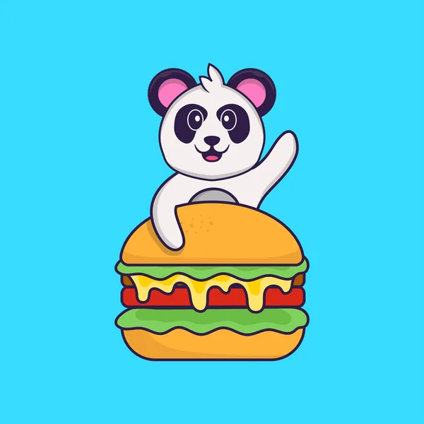 Cute Panda Eating Burger Animal Cartoon Concept Isolated Can Used — Stock Vector