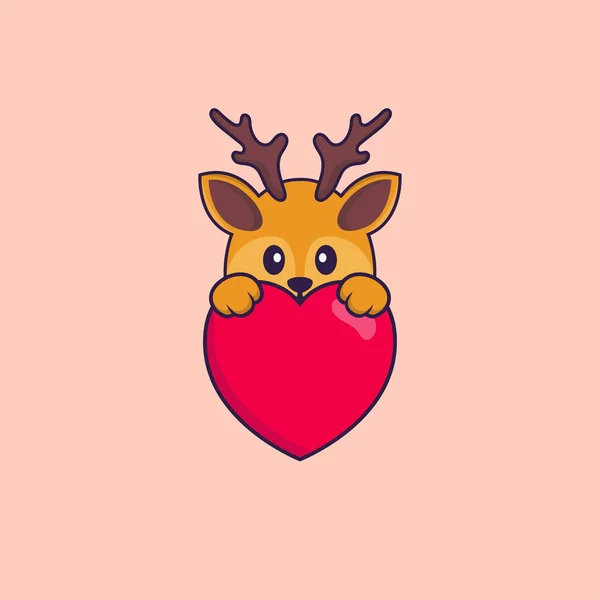 かわいい鹿は大きな赤いハートを持っています 動物の漫画の概念は孤立した Tシャツ グリーティングカード 招待カード マスコットに使用できます — ストックベクタ