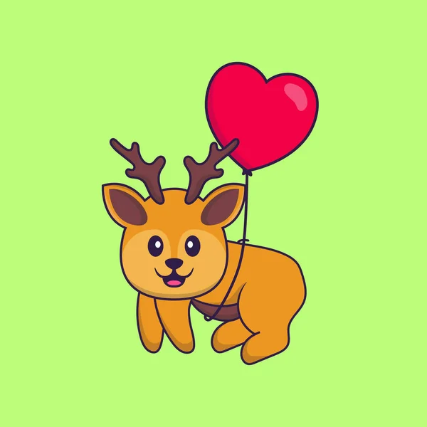 愛の形をした風船で飛ぶかわいい鹿 動物の漫画の概念は孤立した Tシャツ グリーティングカード 招待カード マスコットに使用できます — ストックベクタ