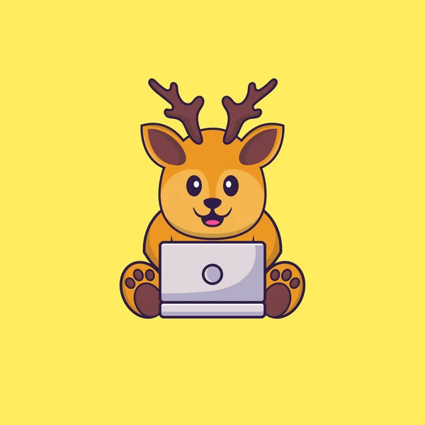 ラップトップを使ってかわいい鹿 動物の漫画の概念は孤立した Tシャツ グリーティングカード 招待カード マスコットに使用できます — ストックベクタ