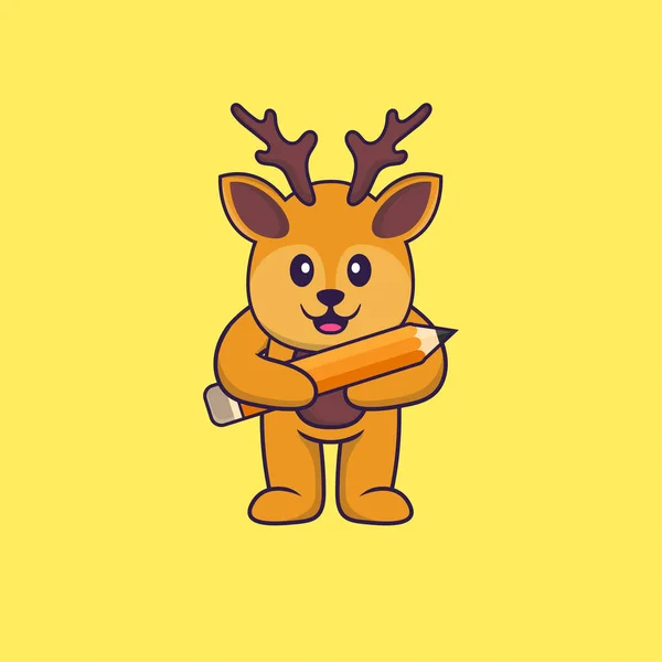かわいい鹿が鉛筆を持っている 動物の漫画の概念は孤立した Tシャツ グリーティングカード 招待カード マスコットに使用できます — ストックベクタ