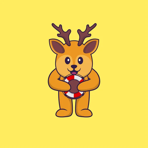 可愛い鹿がブイを持ってる 動物の漫画の概念は孤立した Tシャツ グリーティングカード 招待カード マスコットに使用できます — ストックベクタ