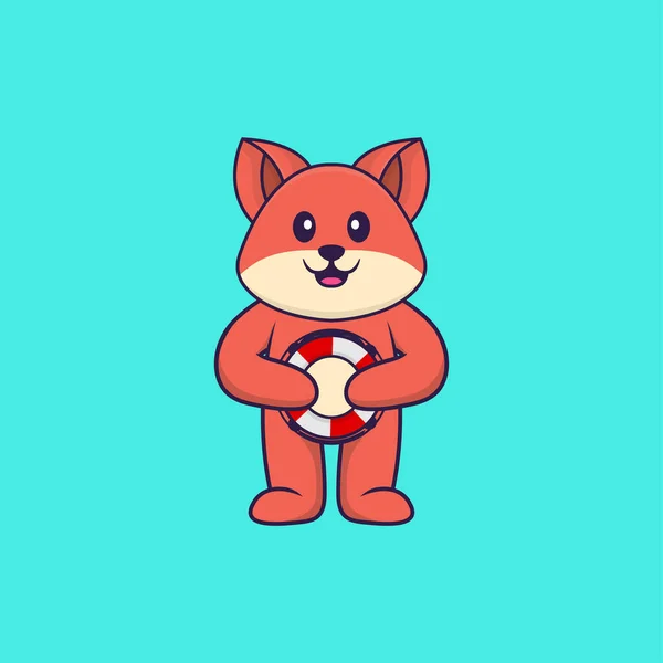 かわいい狐がブイを持っている 動物の漫画の概念は孤立した Tシャツ グリーティングカード 招待カード マスコットに使用できます — ストックベクタ