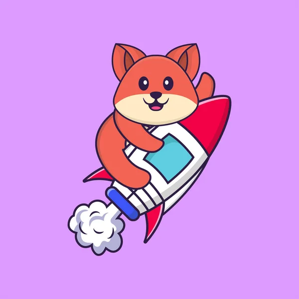 可爱的狐狸乘火箭飞行 动物漫画的概念是孤立的 可用于T恤衫 请柬或吉祥物 — 图库矢量图片