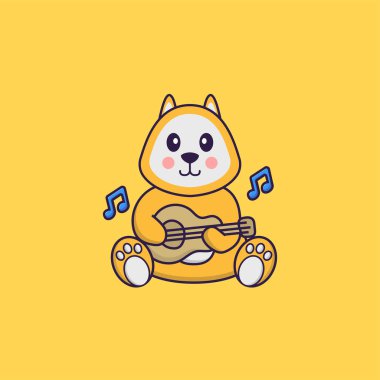 Gitar çalan sevimli bir köpek. Hayvan çizgi film kavramı izole edildi. Tişört, tebrik kartı, davetiye kartı ya da maskot olarak kullanılabilir..