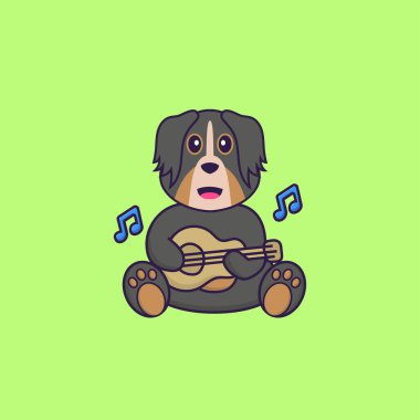 Gitar çalan sevimli bir köpek. Hayvan çizgi film kavramı izole edildi. Tişört, tebrik kartı, davetiye kartı ya da maskot olarak kullanılabilir..