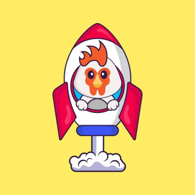 Roketin üzerinde uçan sevimli tavuk. Hayvan çizgi film kavramı izole edildi. Tişört, tebrik kartı, davetiye kartı ya da maskot olarak kullanılabilir..