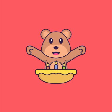 Doğum günü pastalı şirin bir ayı. Hayvan çizgi film kavramı izole edildi. Tişört, tebrik kartı, davetiye kartı ya da maskot olarak kullanılabilir..