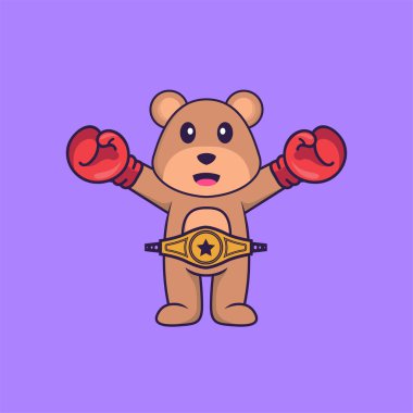 Şampiyon kemeri olan boksör kostümlü şirin bir ayı. Hayvan çizgi film kavramı izole edildi. Tişört, tebrik kartı, davetiye kartı ya da maskot olarak kullanılabilir..