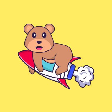 Roketin üstünde uçan sevimli ayı. Hayvan çizgi film kavramı izole edildi. Tişört, tebrik kartı, davetiye kartı ya da maskot olarak kullanılabilir..