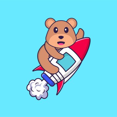 Roketin üstünde uçan sevimli ayı. Hayvan çizgi film kavramı izole edildi. Tişört, tebrik kartı, davetiye kartı ya da maskot olarak kullanılabilir..