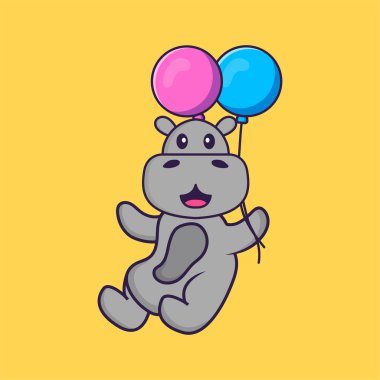 İki balonla uçan sevimli su aygırları. Hayvan çizgi film kavramı izole edildi. Tişört, tebrik kartı, davetiye kartı ya da maskot olarak kullanılabilir..