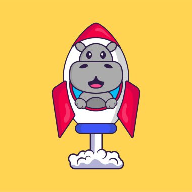 Roketin üzerinde uçan sevimli su aygırları. Hayvan çizgi film kavramı izole edildi. Tişört, tebrik kartı, davetiye kartı ya da maskot olarak kullanılabilir..