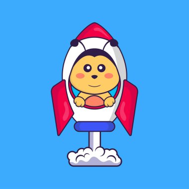 Roketin üstünde uçan sevimli arı. Hayvan çizgi film kavramı izole edildi. Tişört, tebrik kartı, davetiye kartı ya da maskot olarak kullanılabilir..