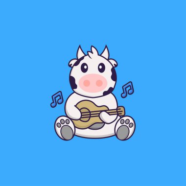Gitar çalan sevimli inek. Hayvan çizgi film kavramı izole edildi. Tişört, tebrik kartı, davetiye kartı ya da maskot olarak kullanılabilir..