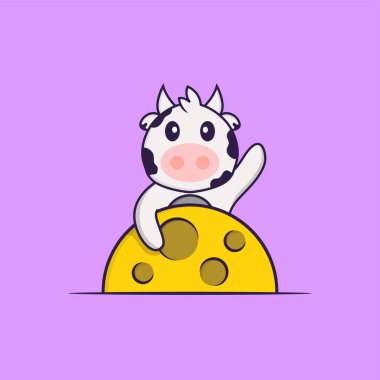 Ay 'da tatlı bir inek var. Hayvan çizgi film kavramı izole edildi. Tişört, tebrik kartı, davetiye kartı ya da maskot olarak kullanılabilir..