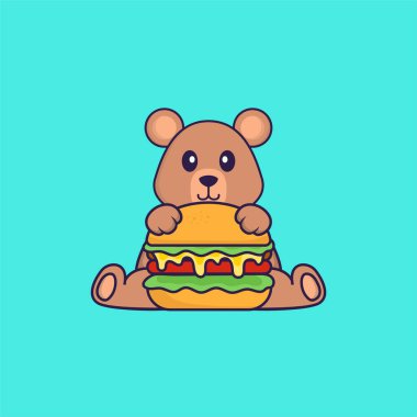 Tatlı fare burger yiyor. Hayvan çizgi film kavramı izole edildi. Tişört, tebrik kartı, davetiye kartı ya da maskot olarak kullanılabilir..