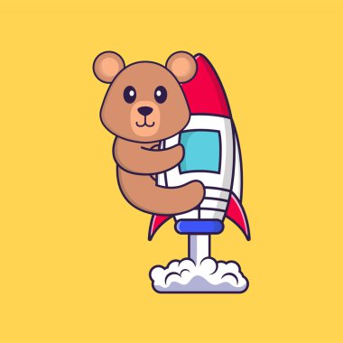 Roketin üstünde uçan sevimli bir fare. Hayvan çizgi film kavramı izole edildi. Tişört, tebrik kartı, davetiye kartı ya da maskot olarak kullanılabilir..