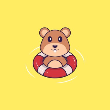 Şirin sincap şamandırayla yüzüyor. Hayvan çizgi film kavramı izole edildi. Tişört, tebrik kartı, davetiye kartı ya da maskot olarak kullanılabilir..