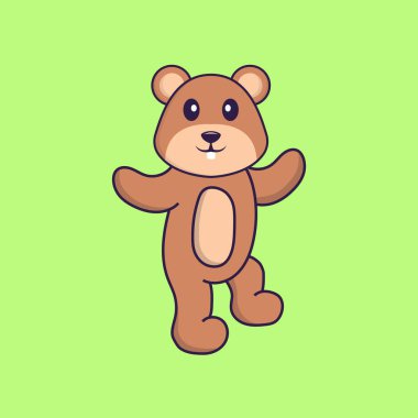 Şirin sincap dans ediyor. Hayvan çizgi film kavramı izole edildi. Tişört, tebrik kartı, davetiye kartı ya da maskot olarak kullanılabilir..