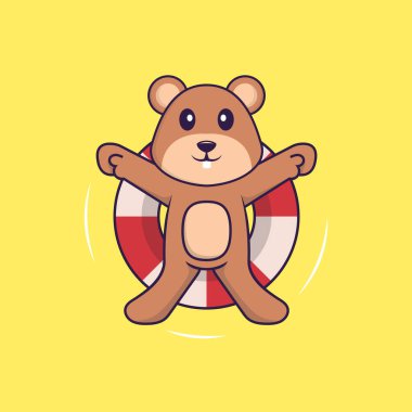 Şirin sincap şamandırayla yüzüyor. Hayvan çizgi film kavramı izole edildi. Tişört, tebrik kartı, davetiye kartı ya da maskot olarak kullanılabilir..