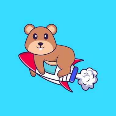 Roketin üzerinde uçan sevimli sincap. Hayvan çizgi film kavramı izole edildi. Tişört, tebrik kartı, davetiye kartı ya da maskot olarak kullanılabilir..