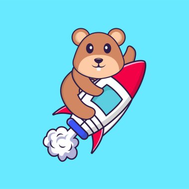 Roketin üzerinde uçan sevimli sincap. Hayvan çizgi film kavramı izole edildi. Tişört, tebrik kartı, davetiye kartı ya da maskot olarak kullanılabilir..