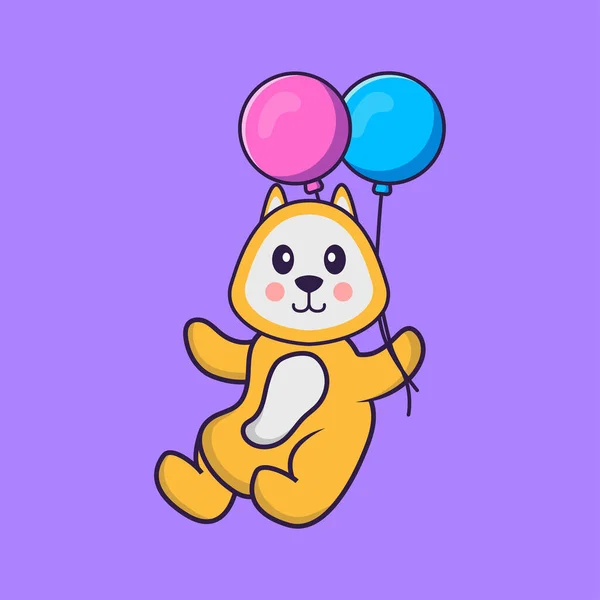 Mignon Chien Volant Avec Deux Ballons Concept Dessin Animé Animal — Image vectorielle