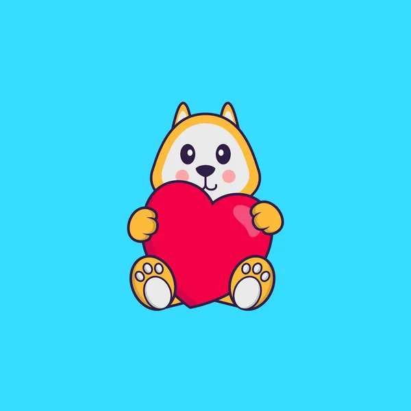 Lindo Perro Sosteniendo Gran Corazón Rojo Animal Concepto Dibujos Animados — Vector de stock