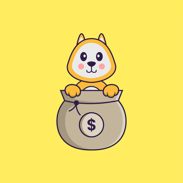 Cute dog playing in money bag. Animal cartoon concept isolated. Can used for t-shirt, greeting card, invitation card or mascot.