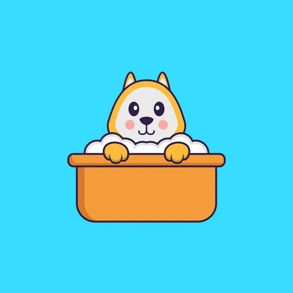 可爱的狗在浴缸里洗澡 动物漫画的概念是孤立的 可用于T恤衫 请柬或吉祥物 — 图库矢量图片