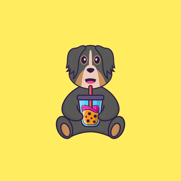 Niedlicher Hund Trinkt Boba Milchtee Animal Cartoon Konzept Isoliert Kann — Stockvektor