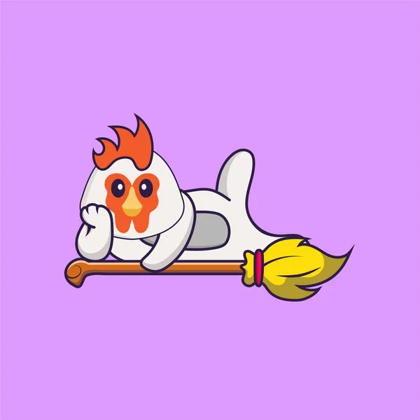 Lindo Pollo Tirado Magic Broom Animal Concepto Dibujos Animados Aislado — Archivo Imágenes Vectoriales