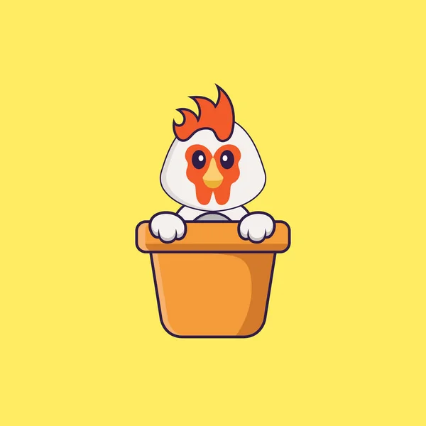 Niedliches Huhn Einer Blumenvase Animal Cartoon Konzept Isoliert Kann Für — Stockvektor