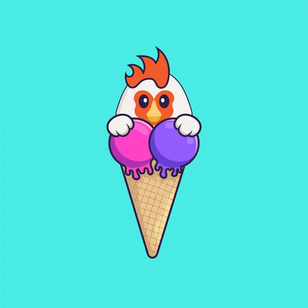 Lindo Pollo Con Helado Dulce Animal Concepto Dibujos Animados Aislado — Vector de stock