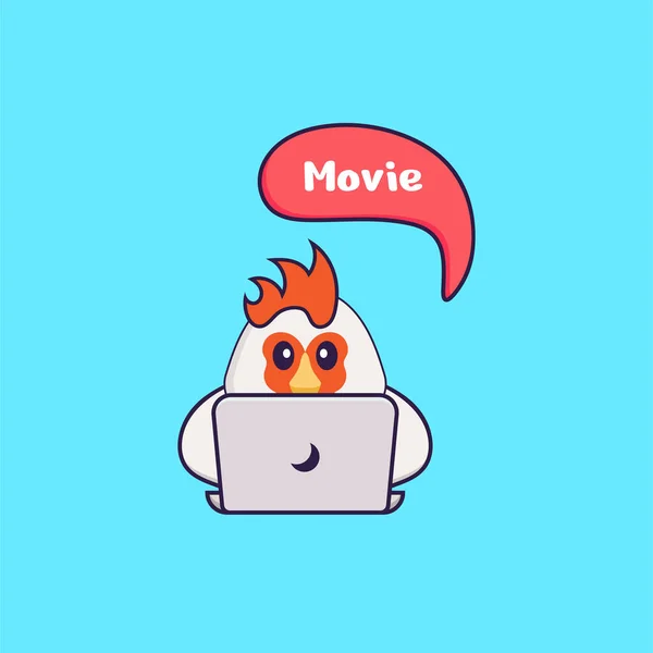 かわいい鶏が映画を見ている 動物の漫画の概念は孤立した Tシャツ グリーティングカード 招待カード マスコットに使用できます — ストックベクタ