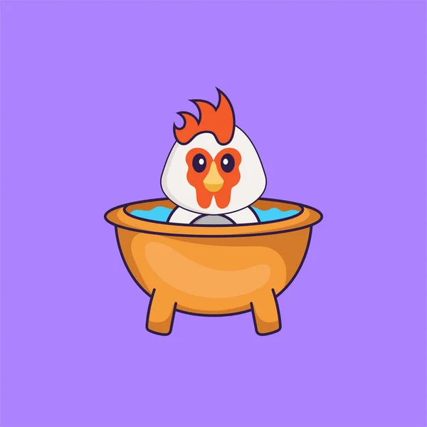 Niedliches Huhn Badet Der Badewanne Animal Cartoon Konzept Isoliert Kann — Stockvektor