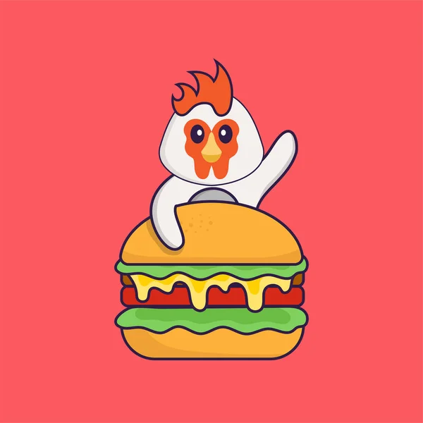 Cute Chicken Eating Burger Animal Cartoon Concept Isolated Can Used — Stock Vector