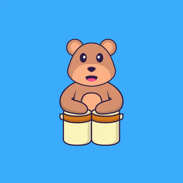 Niedlicher Bär Spielt Schlagzeug Animal Cartoon Konzept Isoliert Kann Für — Stockvektor