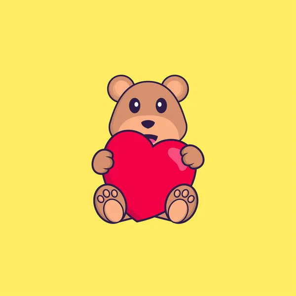 Bonito Oso Sosteniendo Gran Corazón Rojo Animal Concepto Dibujos Animados — Vector de stock