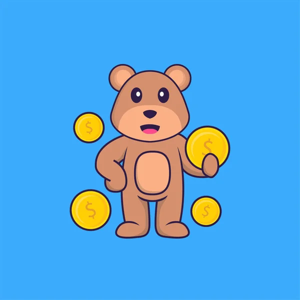 かわいいクマ保持コイン 動物の漫画の概念は孤立した Tシャツ グリーティングカード 招待カード マスコットに使用できます — ストックベクタ