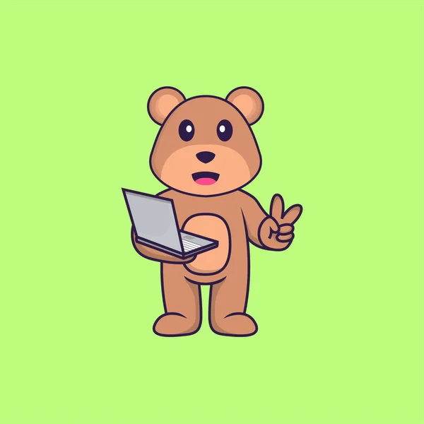 Urso Bonito Segurando Laptop Animal Desenho Animado Conceito Isolado Pode — Vetor de Stock