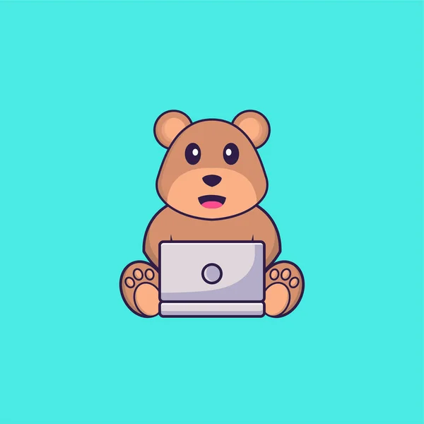 Cute Bear Using Laptop Animal Cartoon Concept Isolated Can Used — Stock Vector