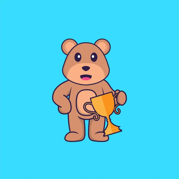 かわいいクマが金のトロフィーを持っている 動物の漫画の概念は孤立した Tシャツ グリーティングカード 招待カード マスコットに使用できます — ストックベクタ