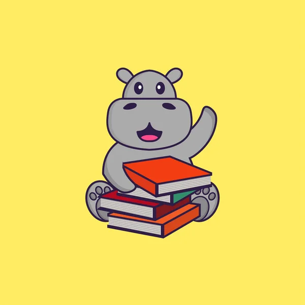 Hipopótamo Giro Ler Livro Animal Desenho Animado Conceito Isolado Pode — Vetor de Stock