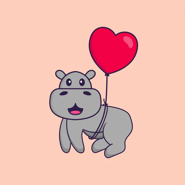 Hipopótamo Bonito Voando Com Balões Forma Amor Animal Desenho Animado —  Vetores de Stock